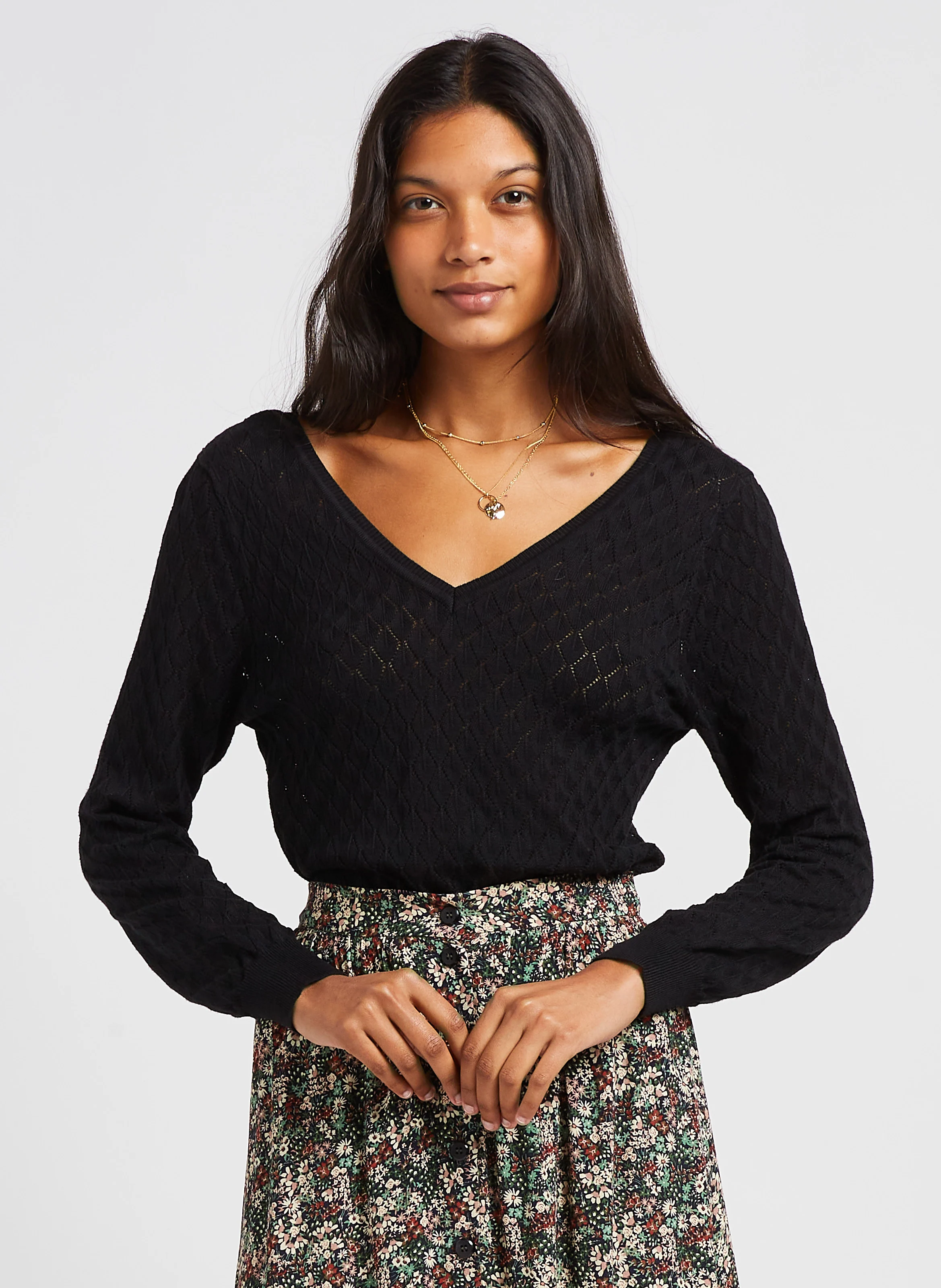 IDA - Pull à col v ajouré en viscose et coton| Noir