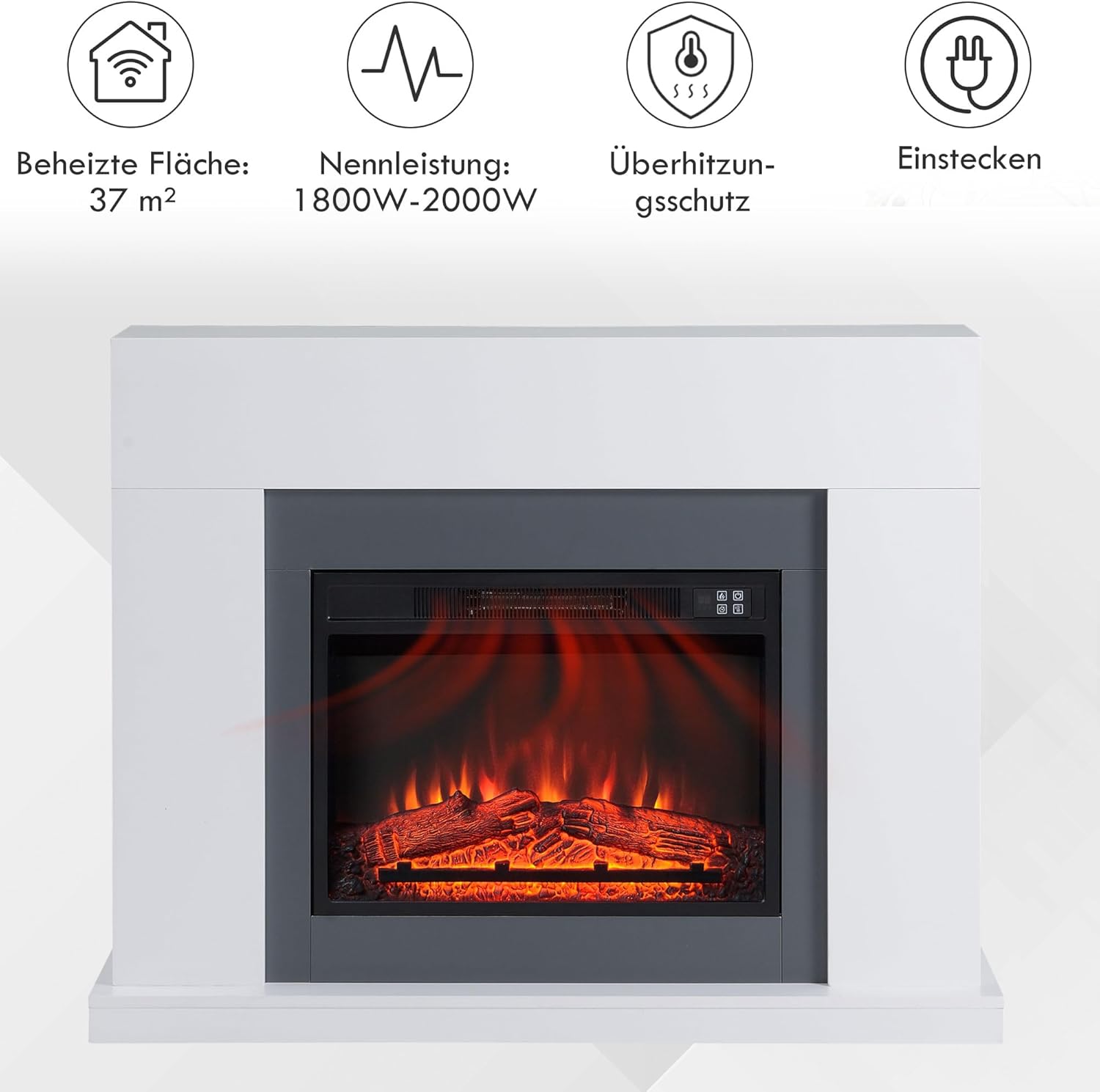 HOMCOM Elektrokamin mit Heizung, elektrischer Kamin mit LED Flammeneffekt und 3 Helligkeiten 2000W Dekokamin mit Einstellbarer Thermostat elektrisch Kaminfeuer mit Fernbedienung Weiß