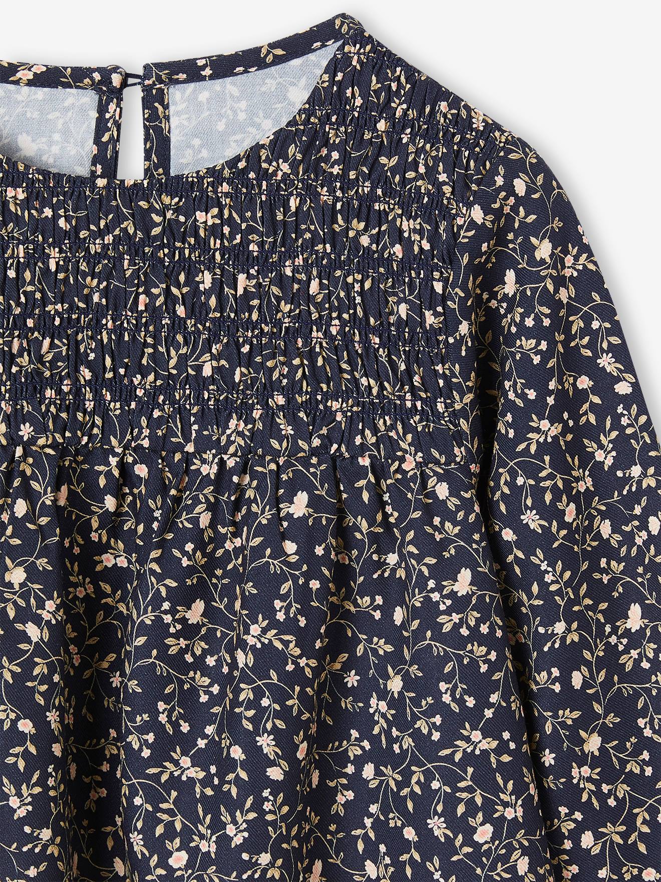 Vestido azul-marinho de mangas compridas com detalhes franzidos e motivos florais para meninas.