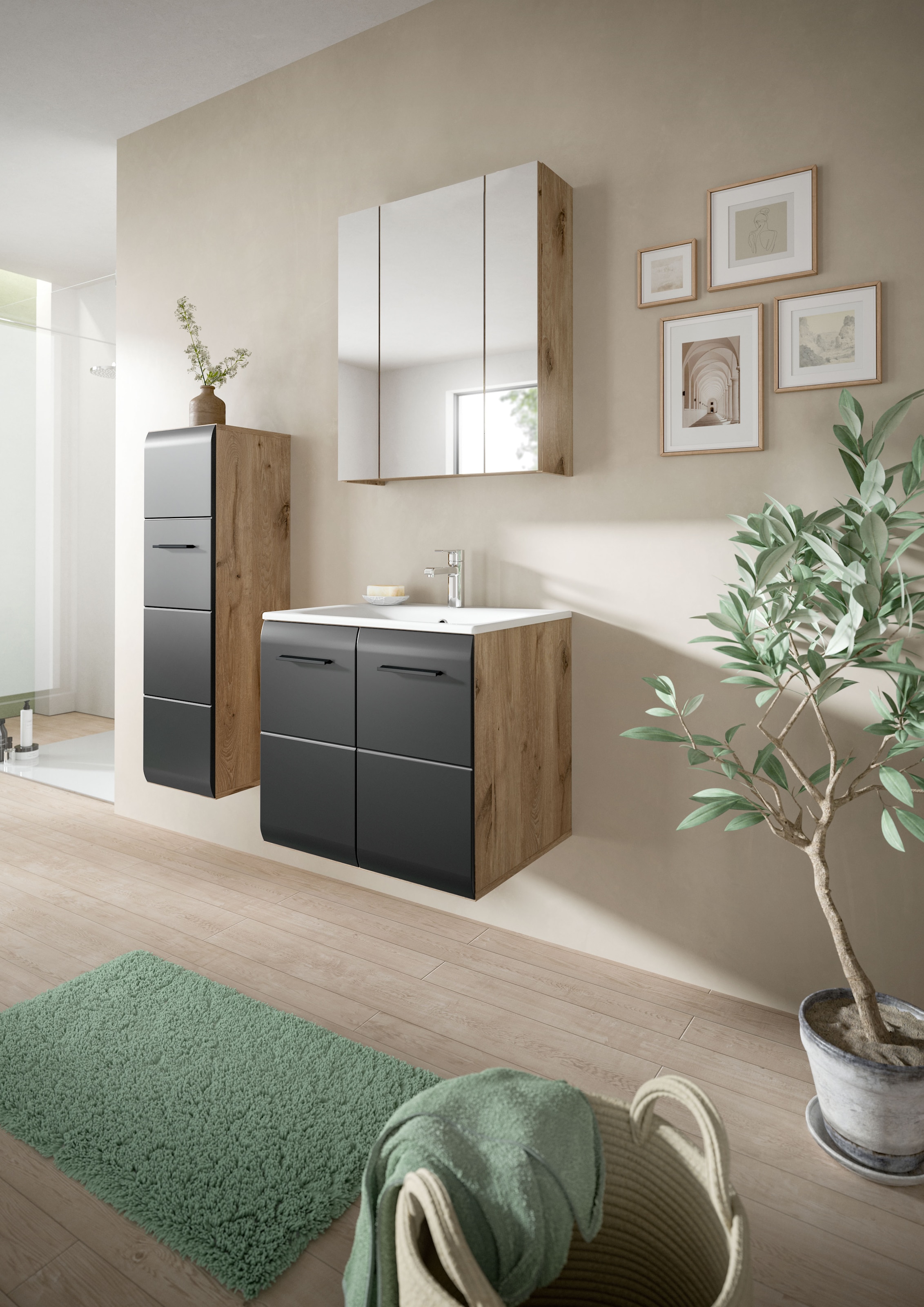 INOSIGN Stauraumschrank 1 Stk. tlg. Florenz, Badschrank Nox Oak NB, 106 cm hoch, 4 Fächer