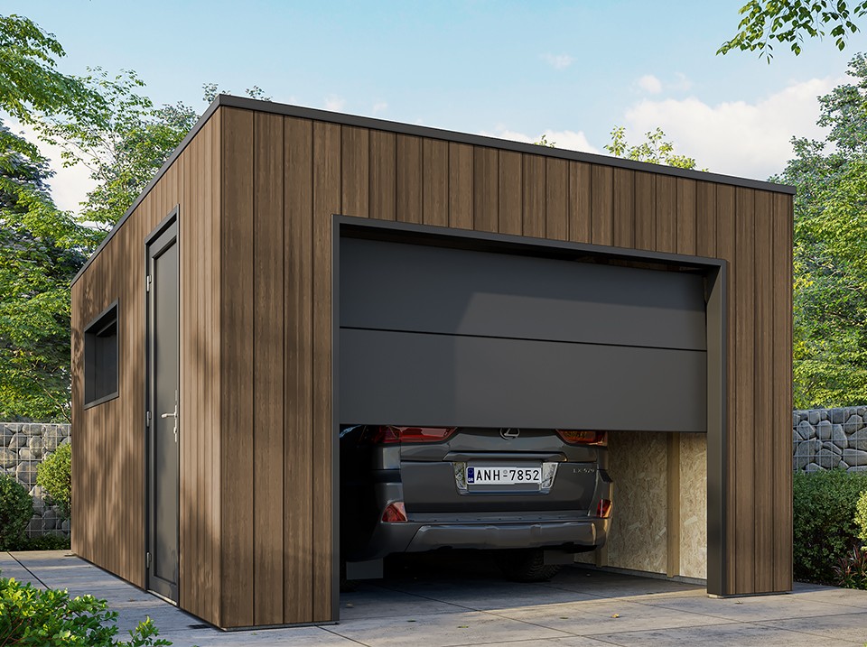 Garage bois composite silverstone - bardage couleur teck / teak - surface : 20m² - porte sectionnelle motorisée - 2 télécommandes