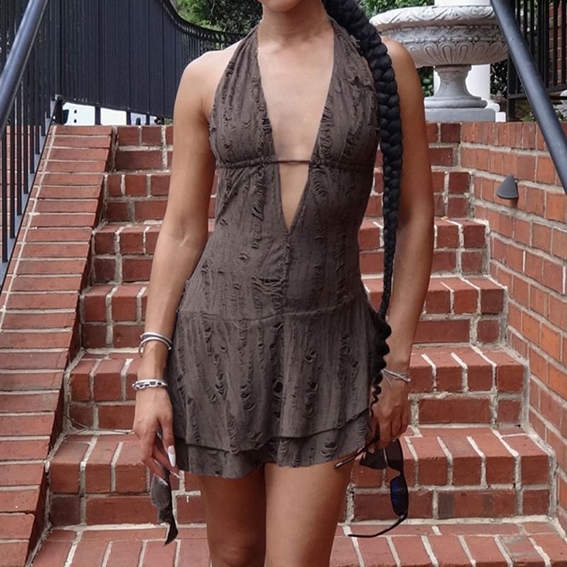 BrickBlack - Halter V-hals effen A-lijn minijurk met distressed effect