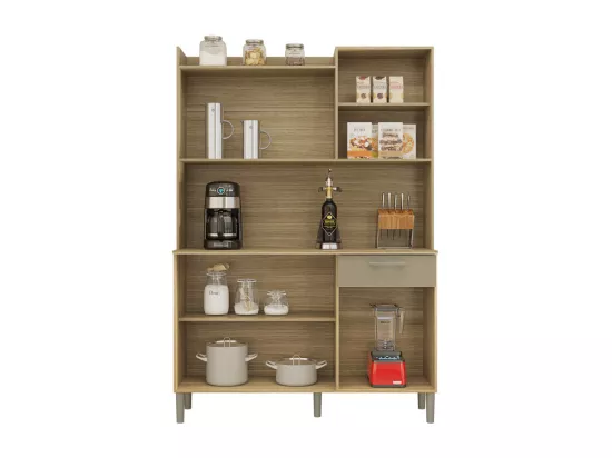 Buffet de Cuisine 6 Portes 1 Tiroir Chêne et Taupe L 121.5 H 176 P 36.3 cm