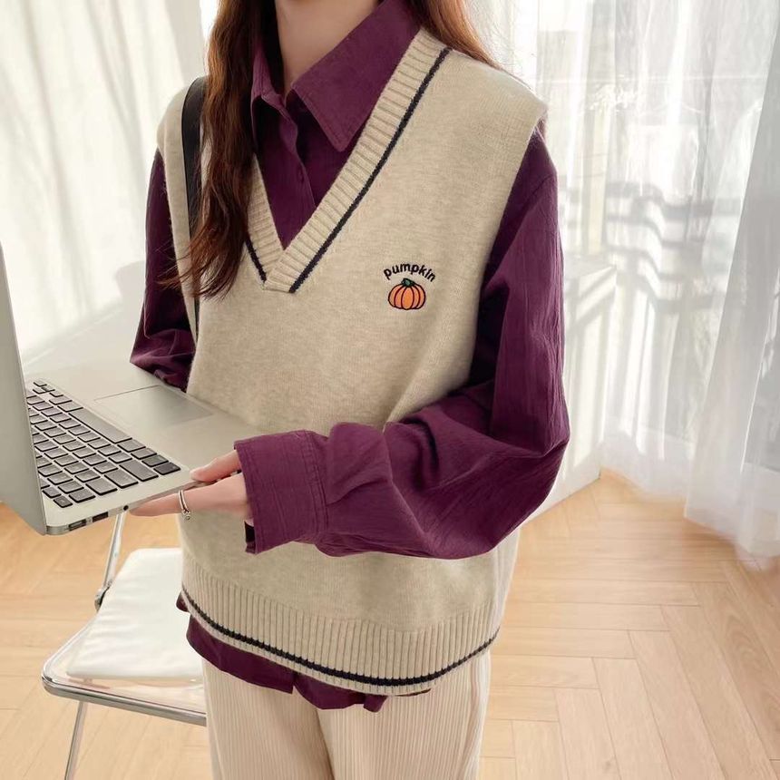Mori Girls - V-hals pompoen geborduurd vest