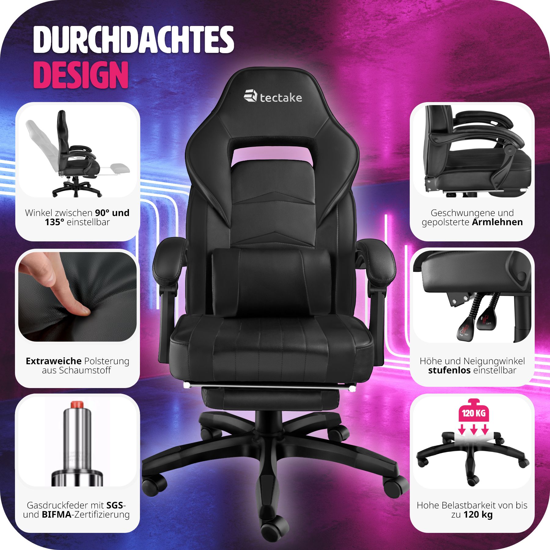 tectake® Racing Bürostuhl, ergonomische Form, mit Fußstütze und verstellbarer Rückenlehne, Kunstlederbezug, inklusive abnehmbarem Lendenkissen, inklusive Lendenkissen, Belastbarkeit 120 kg