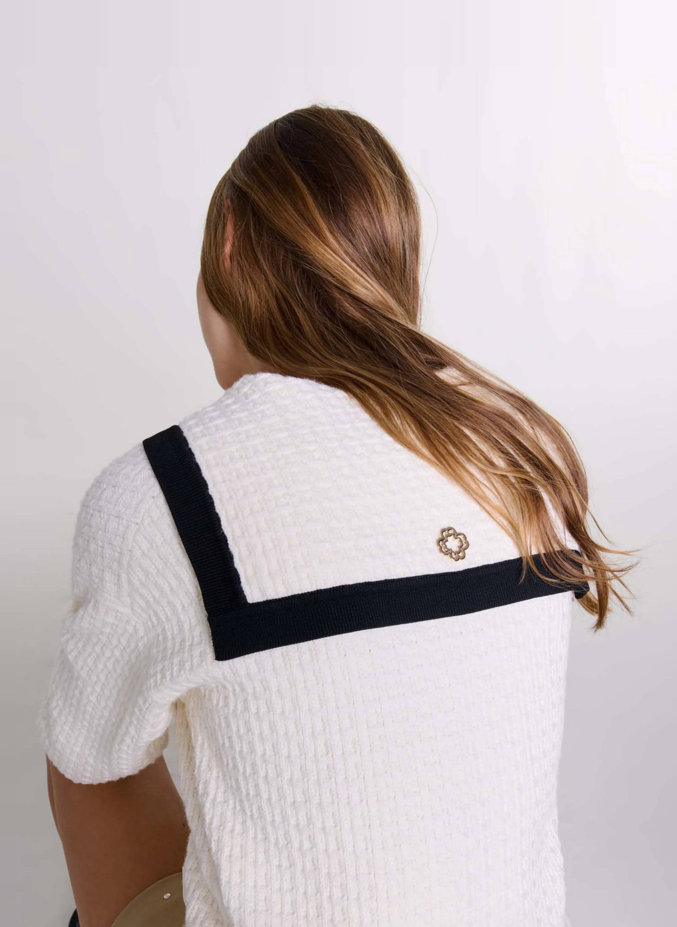 Cardigan court col marin en coton texturé | Beige