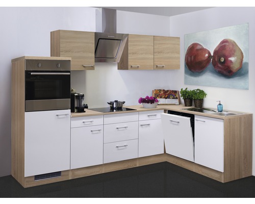 Flex Well hoekkeuken met apparatuur Samoa 280 cm wit sonoma eiken mat gedemonteerde variant omkeerbaar 00011593