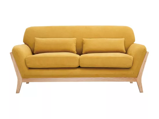Canapé scandinave 2 places en tissu effet velours jaune moutarde et bois clair YOKO