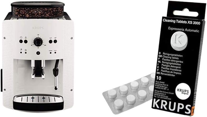 Krups Machine à café broyeur grain, 2 expresso simultanés, Nettoyage automatique, Buse vapeur Cappuccino, Essential blanche EA810570