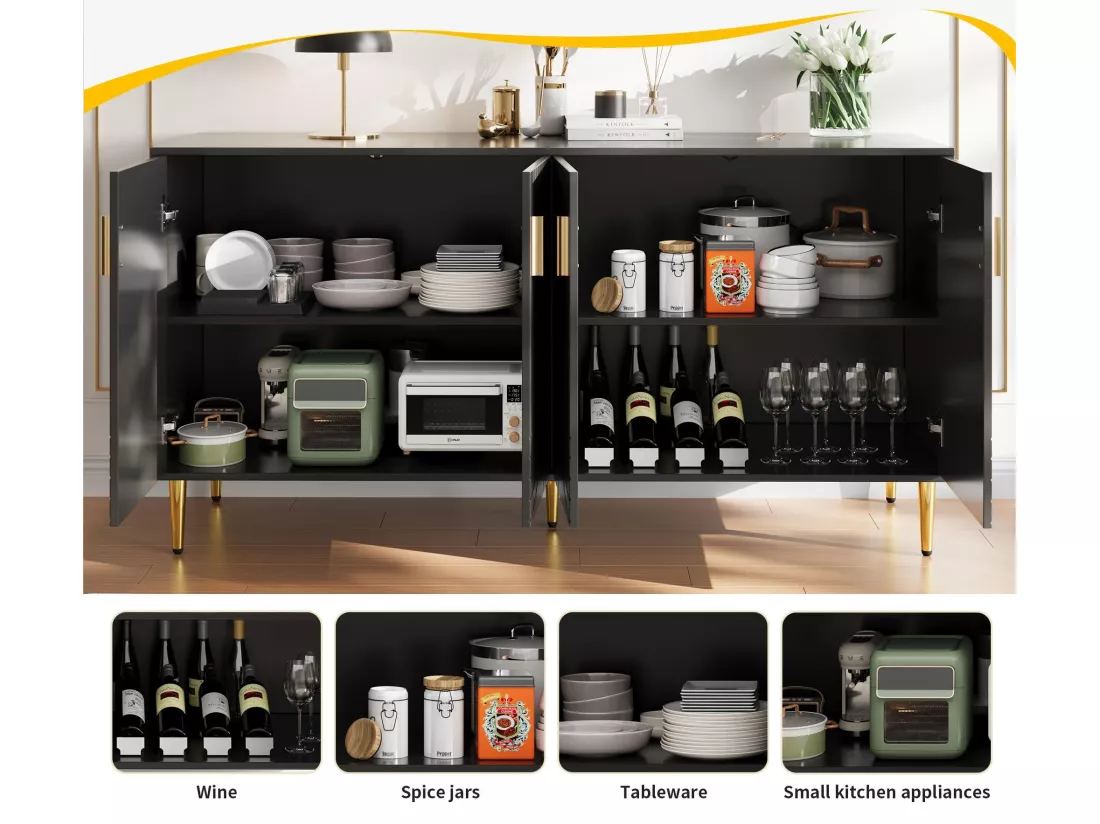 Buffet moderne - 4 portes à motif ondulé - en MDF - Noir