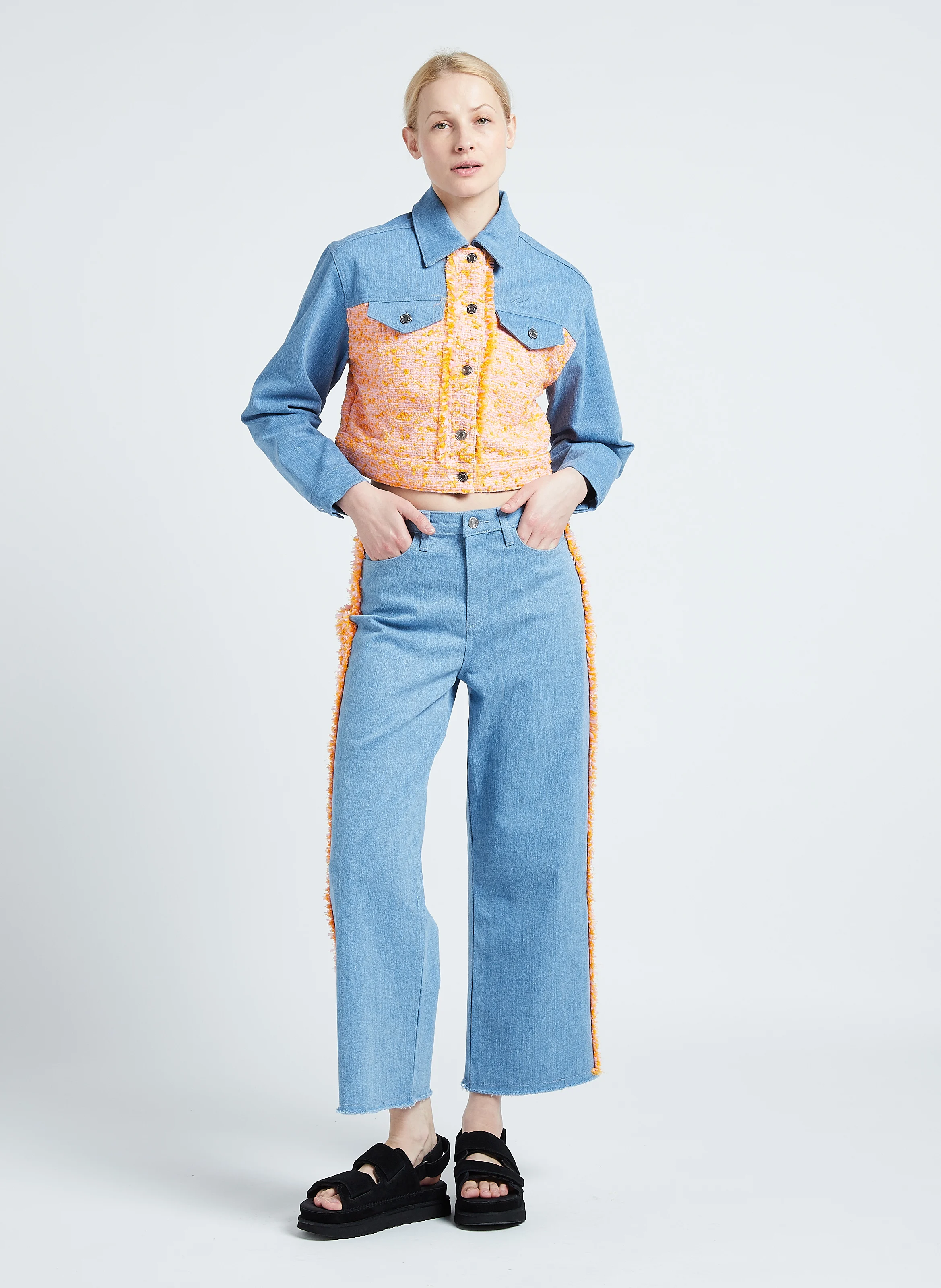 Jean droit et tissu bouclé en coton stretch | Bleu