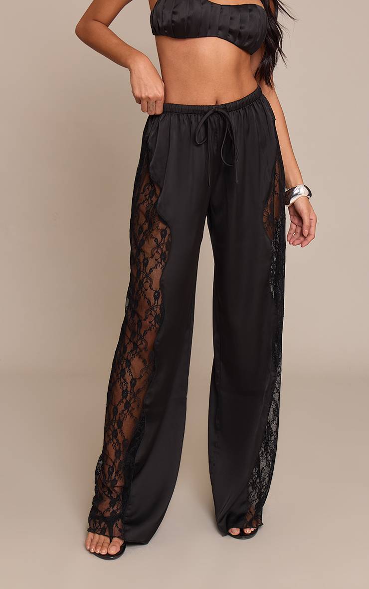 Noir Pantalon En Satin À Lacets Avec Cordon De Serrage