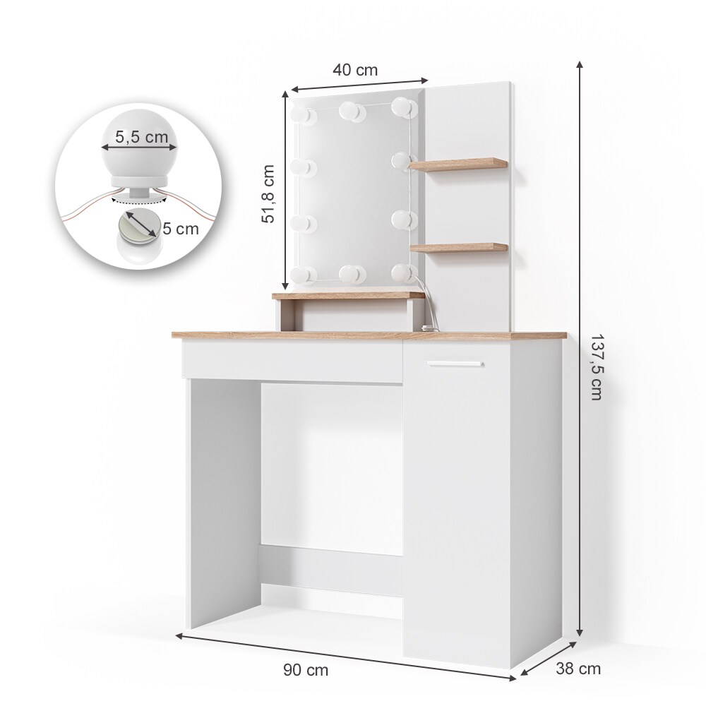 VICCO LED Schminktisch JULIA Frisiertisch Kommode Spiegel Weiß Eiche Kommode