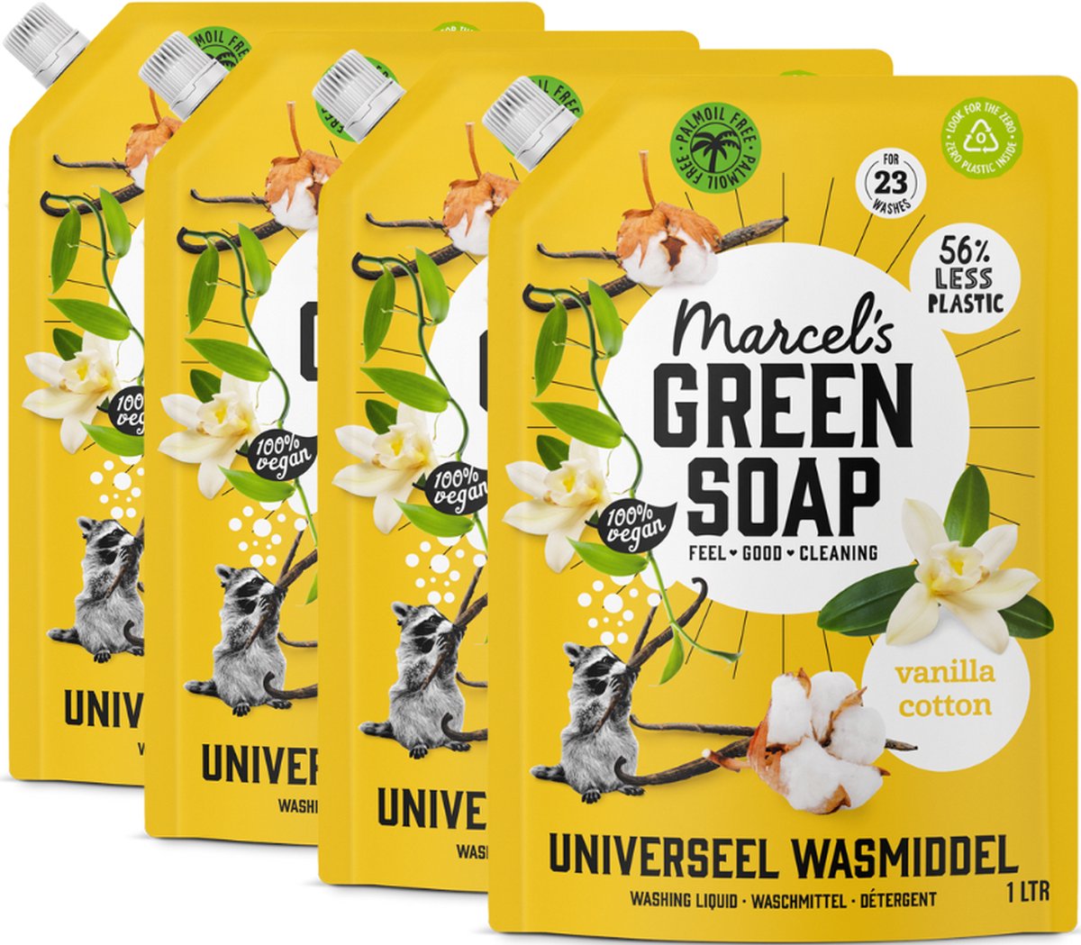 4x Marcel’s Green Soap Wasmiddel Universeel Vanille & Katoen Navulling (1000 ml)