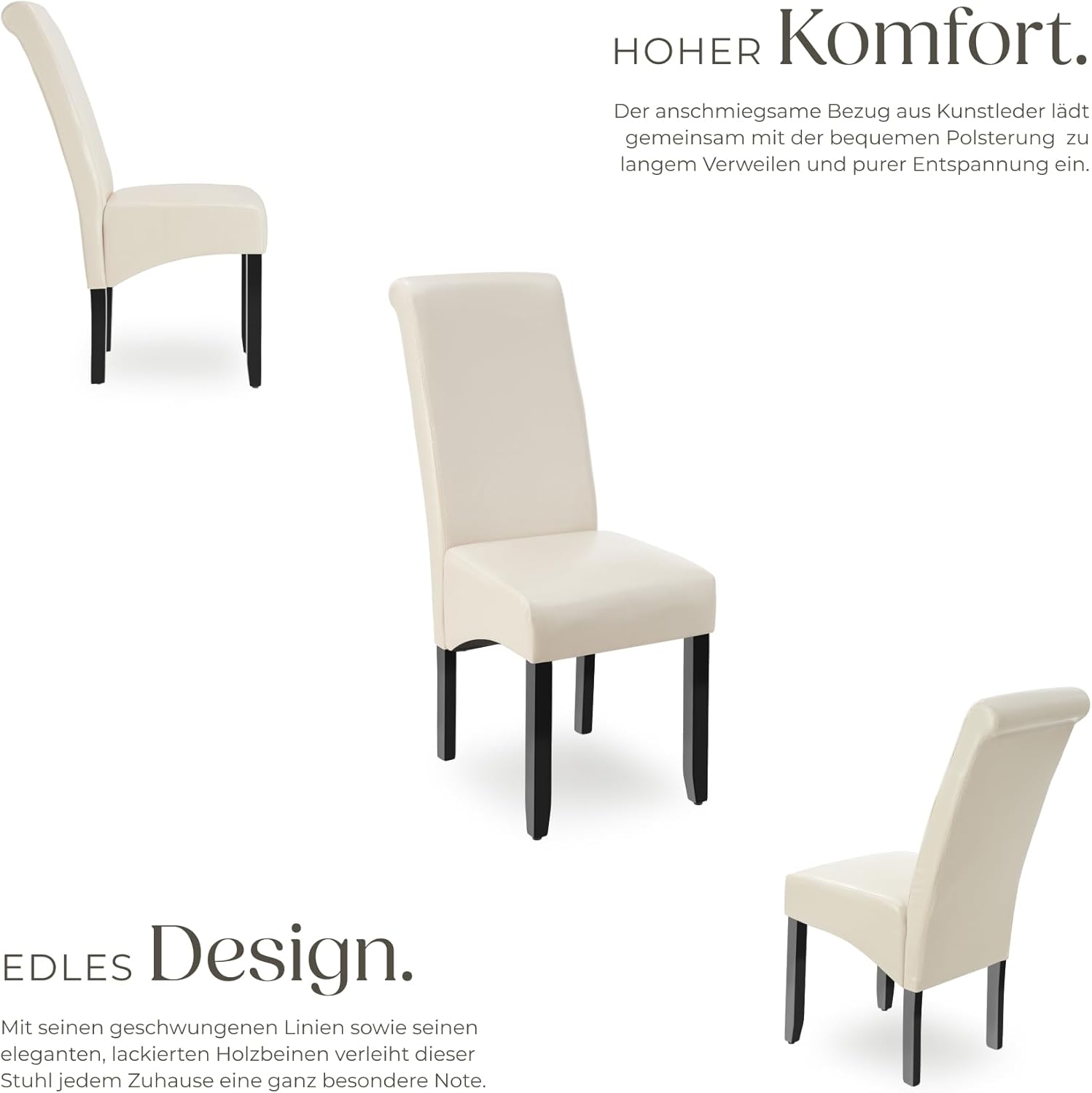 tectake® 2er Set Stühle, Kunstleder Stuhl mit hoher Rückenlehne, ergonomische Form, perfekt für den Esstisch, als Esszimmerstühle, Küchenstühle oder im Wohnzimmer - Creme