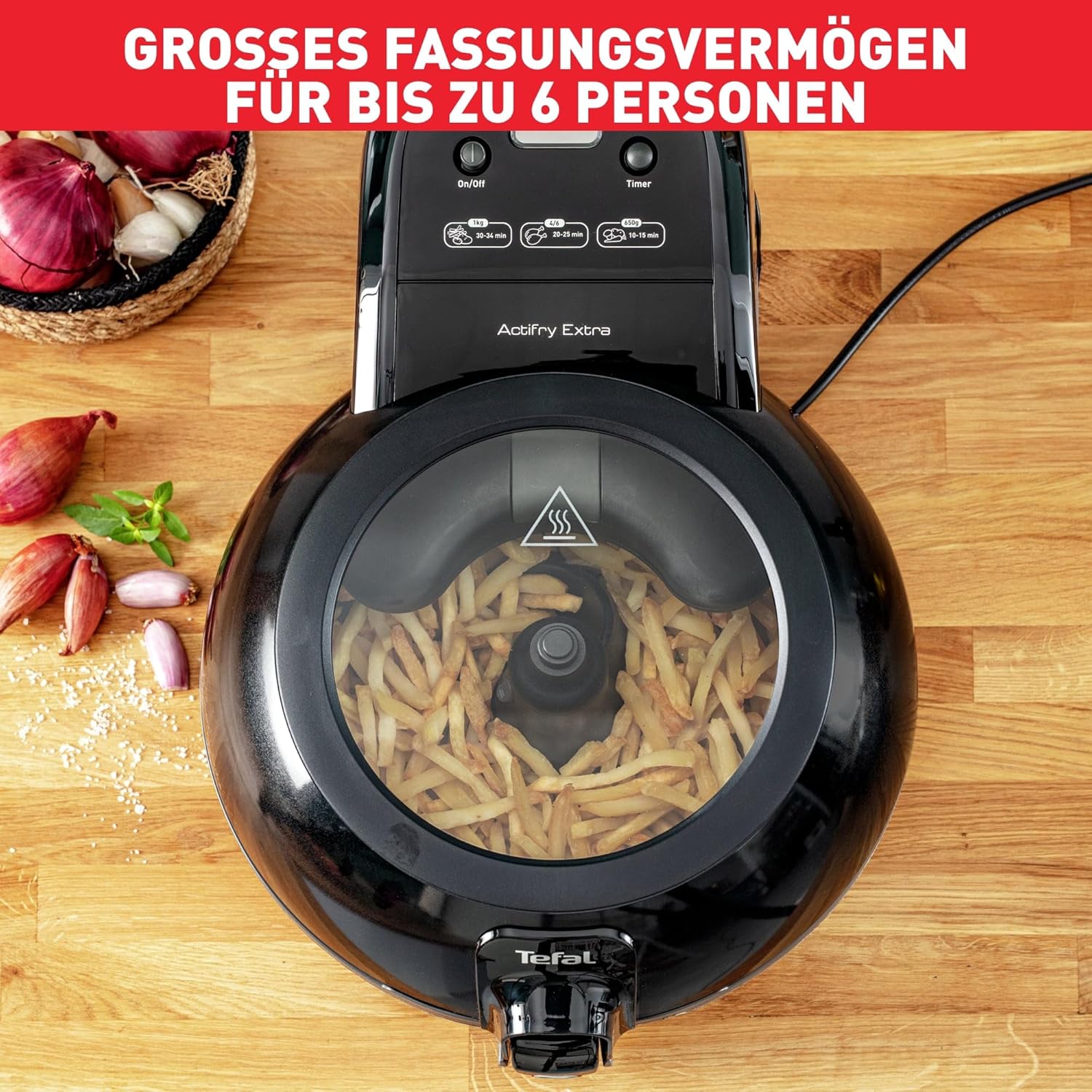 Tefal ActiFry Extra Heißluftfritteuse, AirFryer mit Rührarm, kein Schütteln, 1550 W, 1,2 kg für 6 Personen, High Speed Airflow, Timer, ‎energiesparend, gesunde Fritteuse ohne Öl, Schwarz, FZ7228