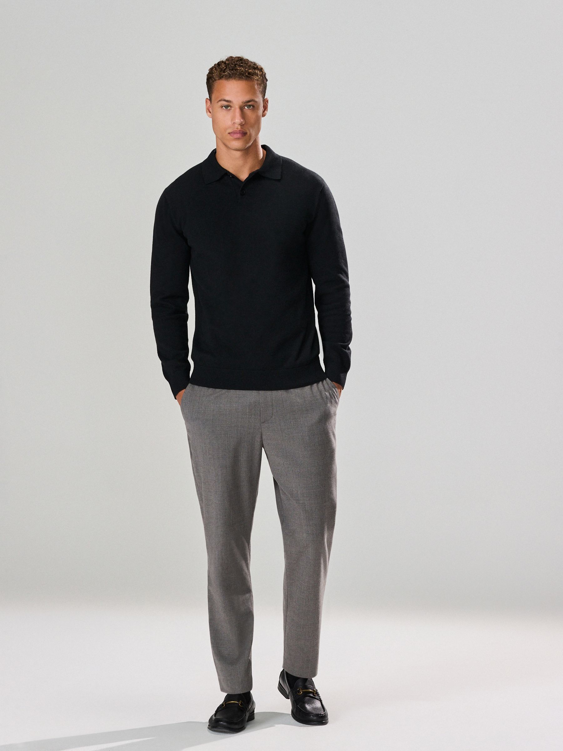Zwart - Effen - Regular Fit Essential Long Sleeve Knitted Polo Shirt