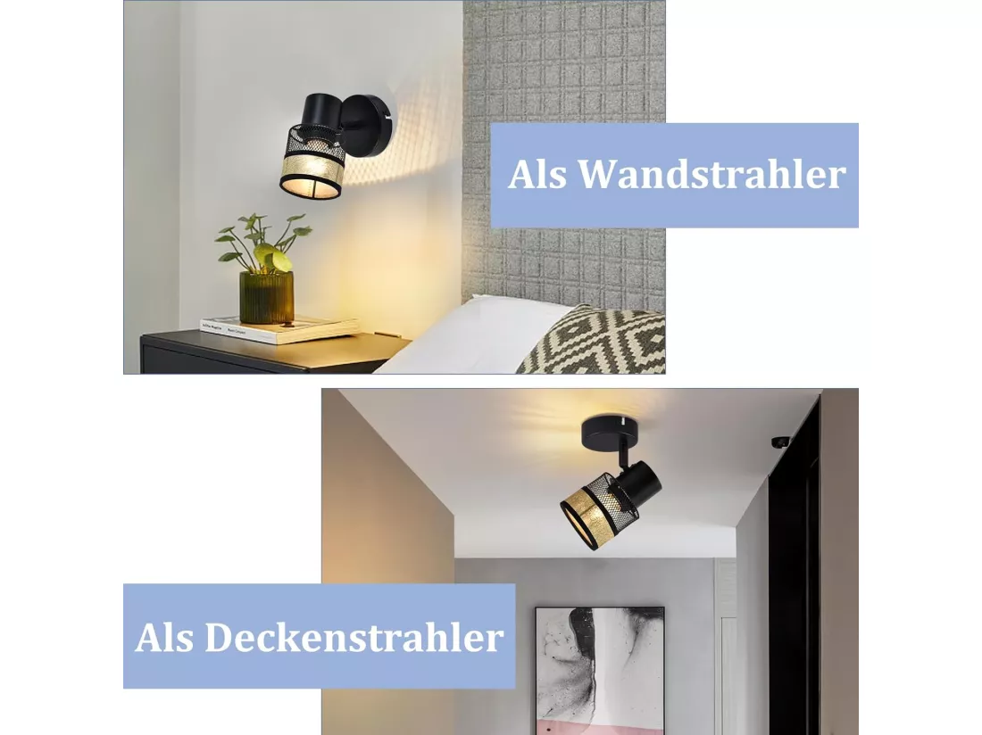 NETTLIFE Spot de plafond 1 ampoule noir couloir métal vintage doré E27 LED max 40W orientable 330°
