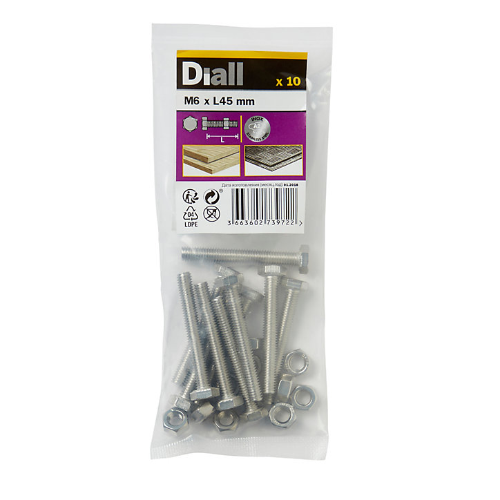 10 boulons tête héxagonale inox 6 x 45 mm