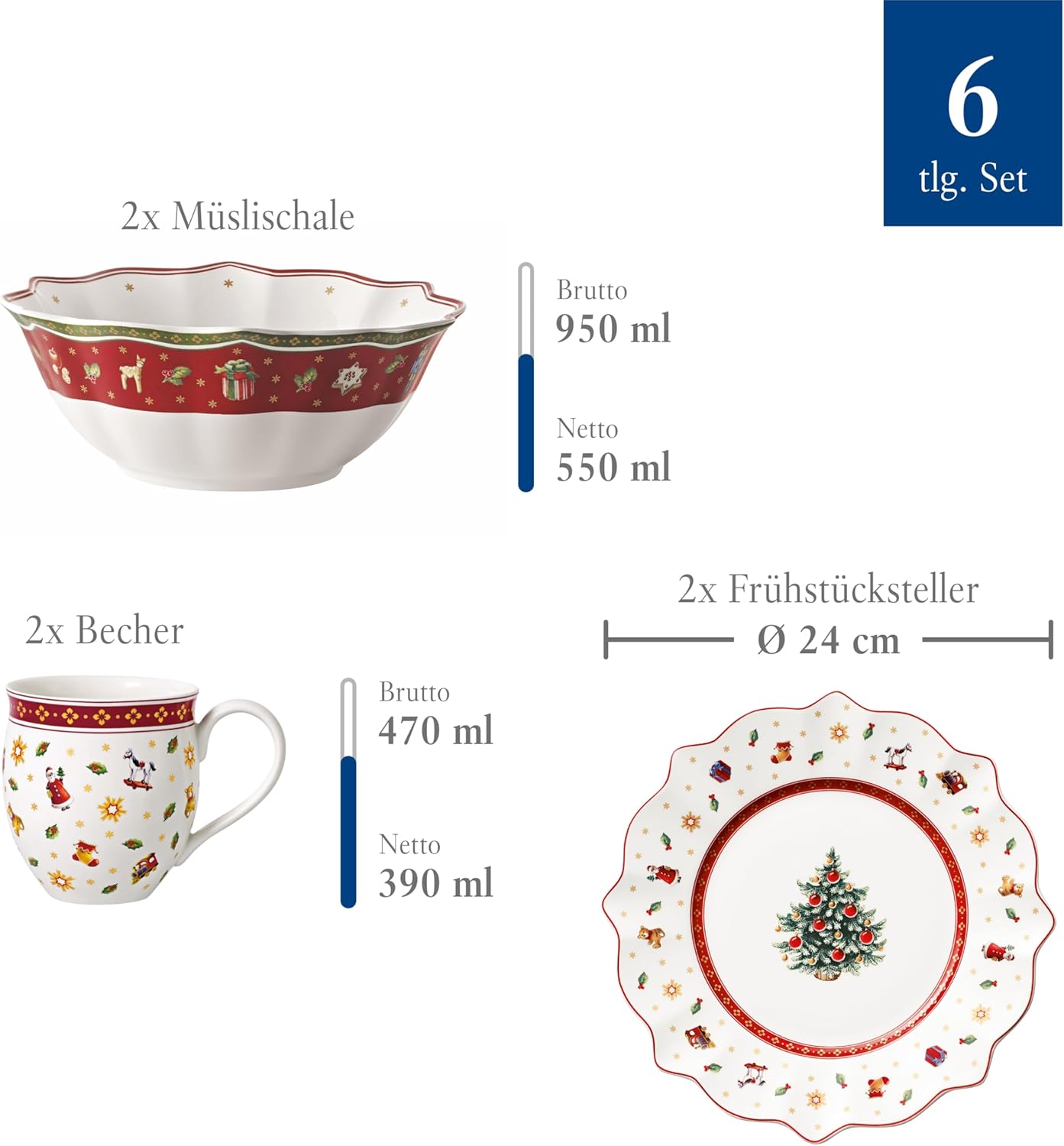 Villeroy & Boch - Toy's Delight Breakfast For Two Frühstücksservice 2 Personen 6 teilig, weiß/rot, Kaffeeservice Weihnachten, Weihnachtliches Geschirr, Weihnachtsgeschirr, Premium Porzellan