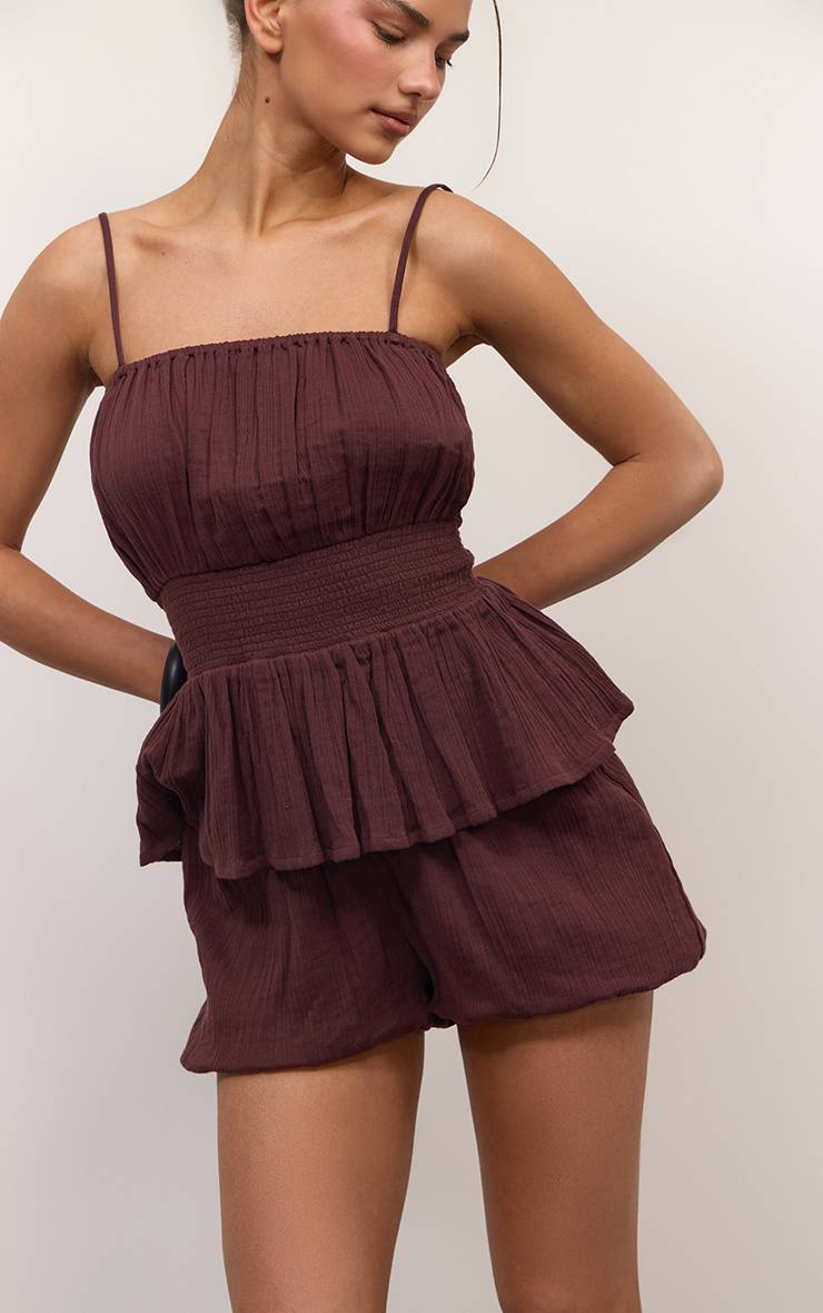 Marron Short Ample En Gaze Texturée Ensemble Coordonné
