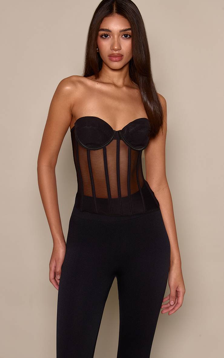 Noir Corset Structuré En Résille À Lacets