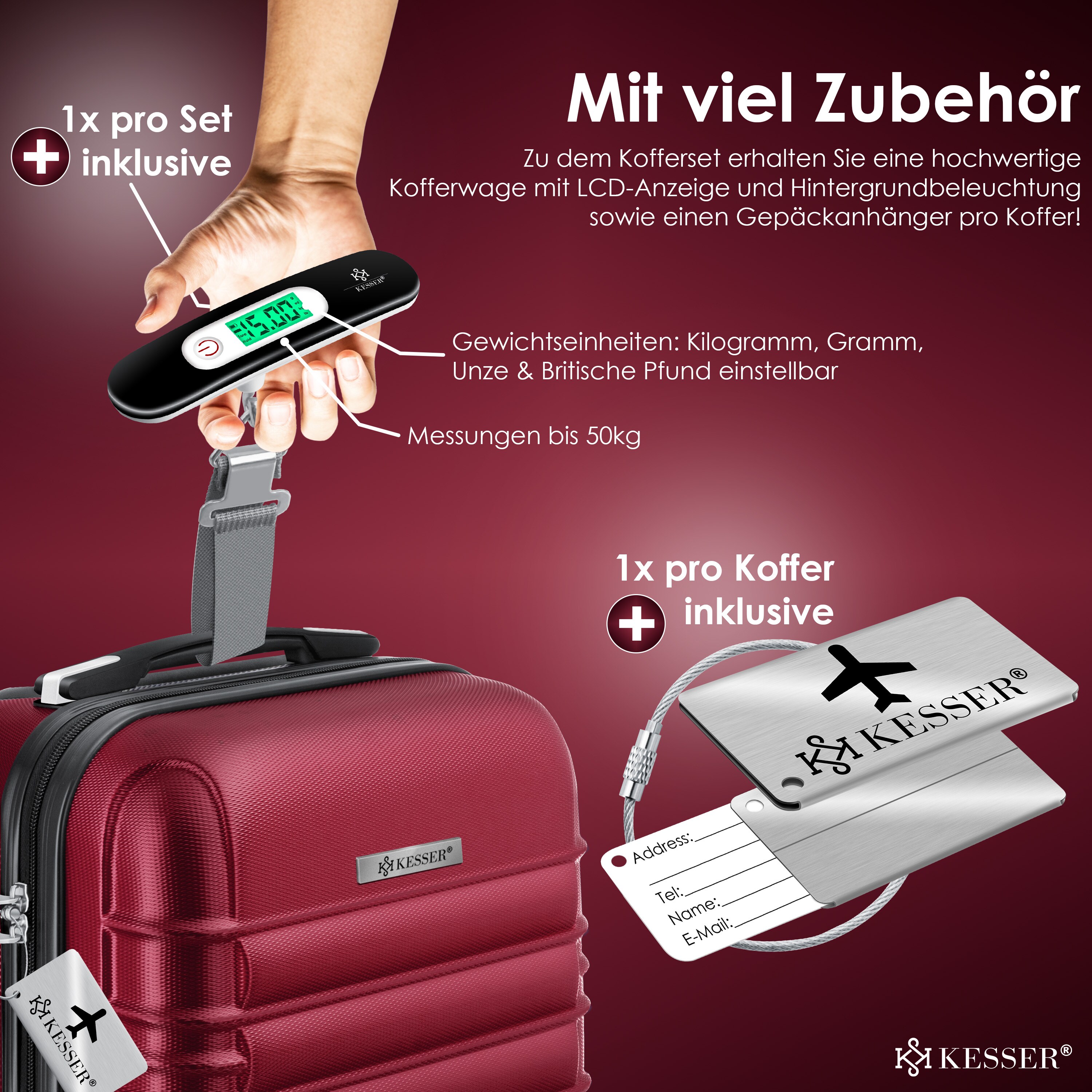 KESSER® 4tlg. Hartschalenkofferset Hartschalenkoffer Reisekoffer Set Reisekofferset Trolley Koffer Inkl. Kofferwaage + Gepäckanhänger Rollkoffer Schloss 4 Rollen ABS-Hartschale Teleskopgriff S-M-L-XL