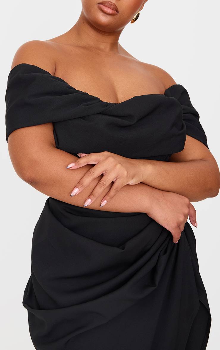 Noir Robe Midi Drapée Grande Taille À Corset Bardot