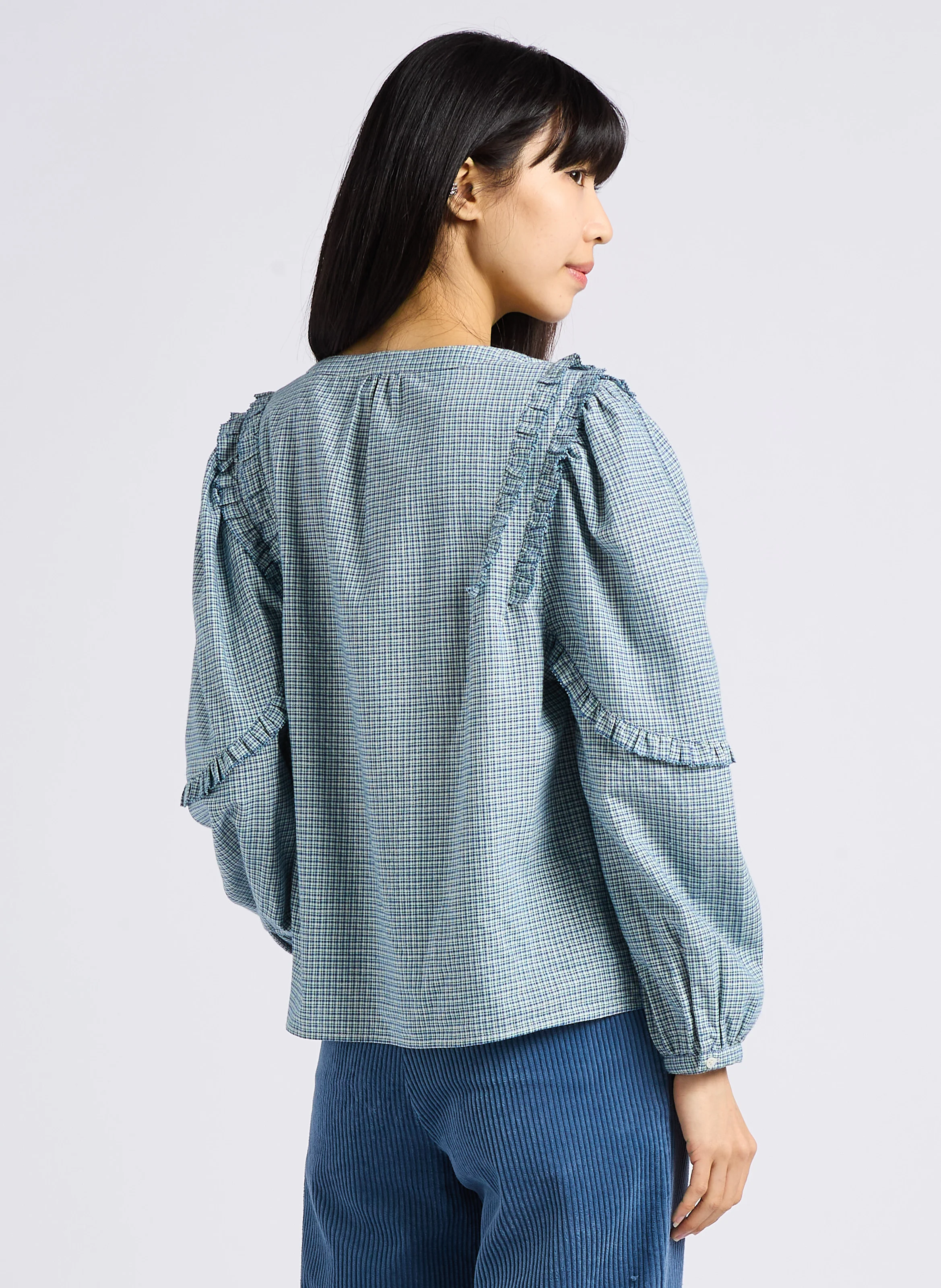 AMY - Top col rond à carreaux en coton | Bleu