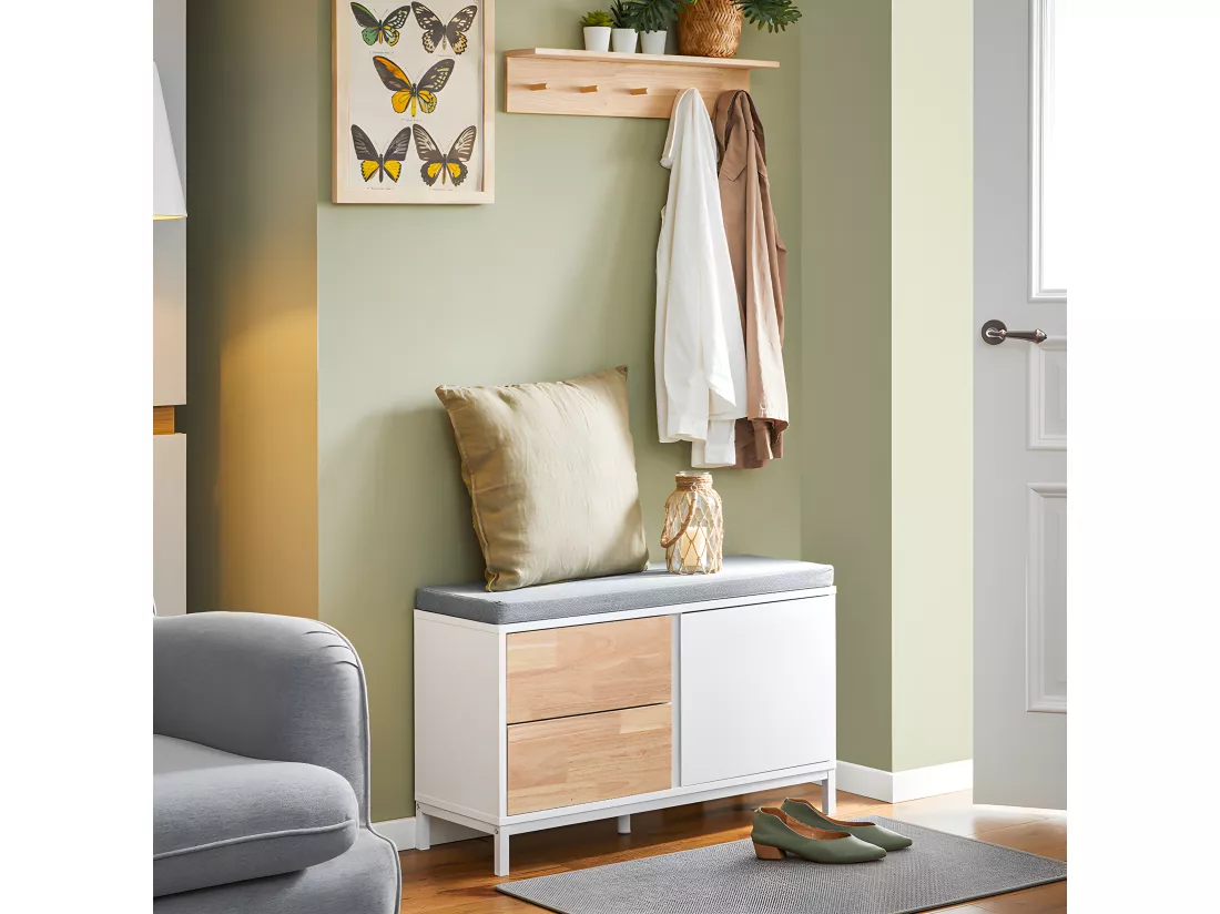 SoBuy Banc à Chaussures, Banc de Rangement avec Coussin rembourré, Meuble Bas Entrée sur Pieds avec 1 Porte et 2 Tiroirs, 80 x 30 x 51 cm, FSR167-WN