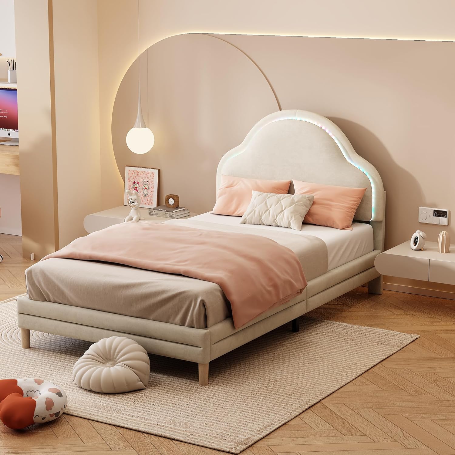 Merax Kinderbett Polsterbett 90x200 cm mit LED, Einzelbett mit wolkenförmigem Kopfteil, Samt Bettgestell mit Lattenrost, Kinder Einzelbett mit Farbwechsel Licht, Beige, ohne Matratze
