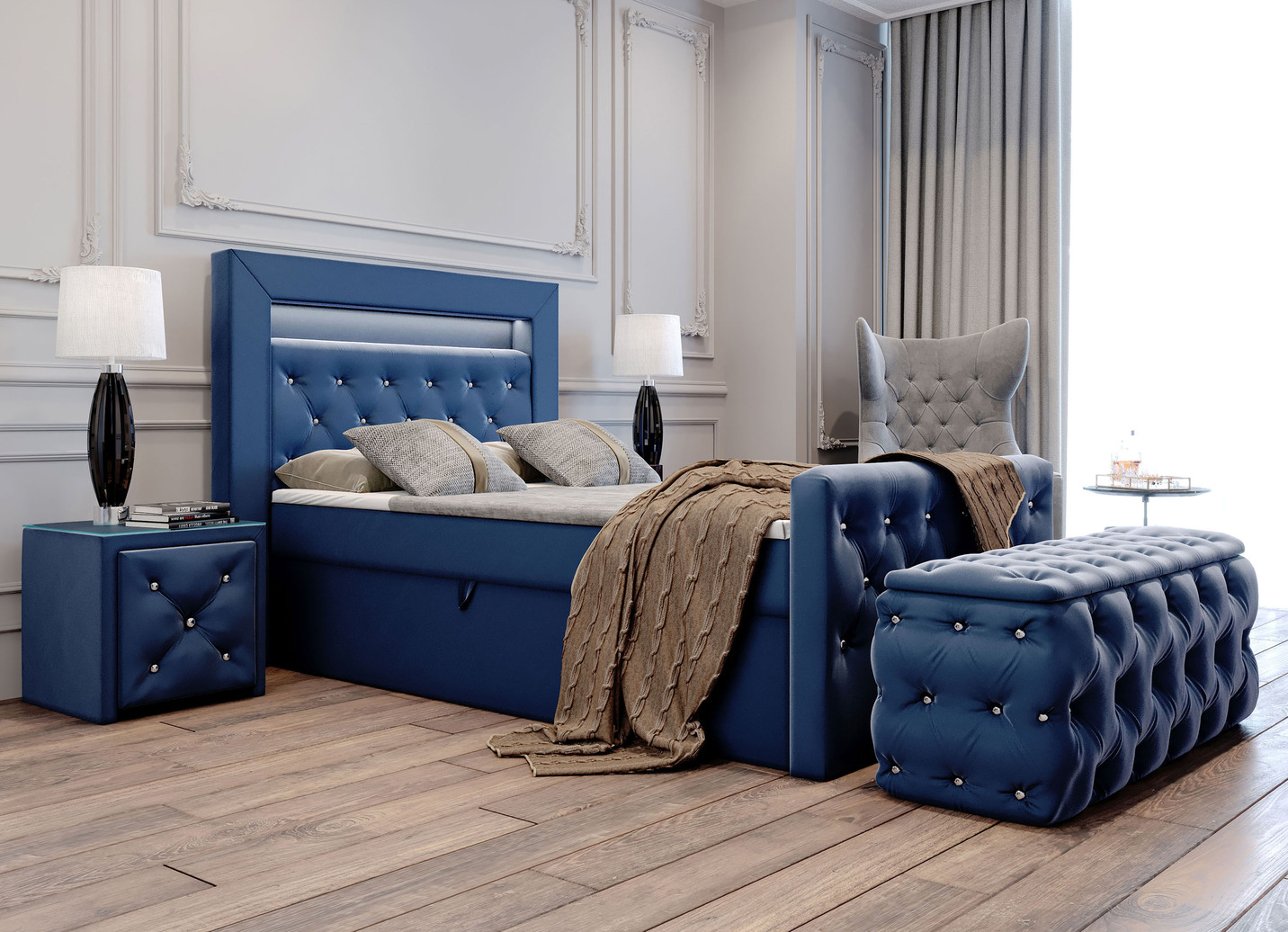 Boxspringbett mit LED-Beleuchtung, Topper und Nachttisch