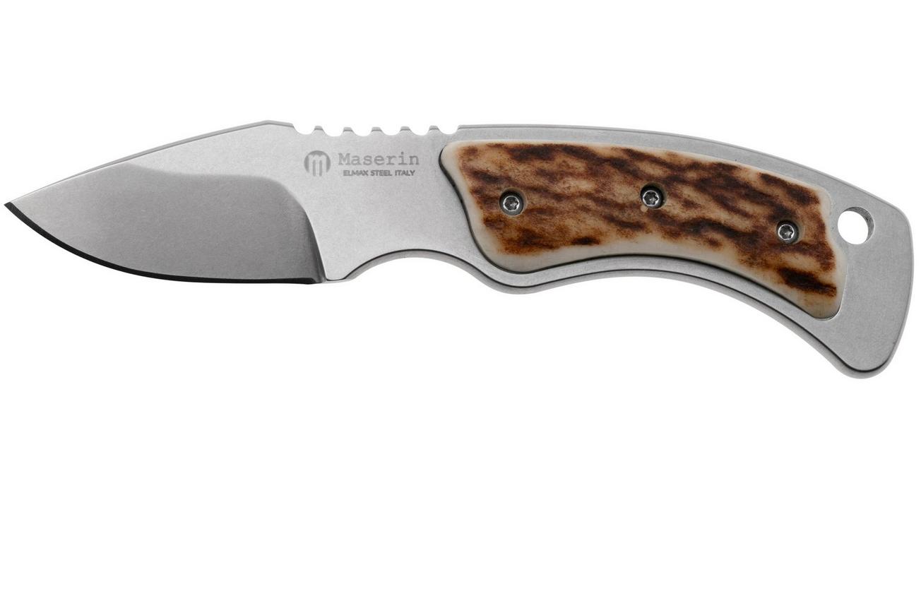 Maserin Mini Trapper 924-CV-1 Stonewashed Elmax, Stag Horn, Leather Button Sheath, klein vaststaand jachtmes