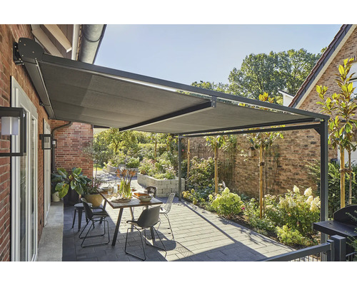 SOLUNA Pergola met stoffen dak 4x4, doekdesign 8446, frame RAL 7016 antracietgrijs, aandrijving rechts inclusief motor, wandschakelaar (wandmontage)