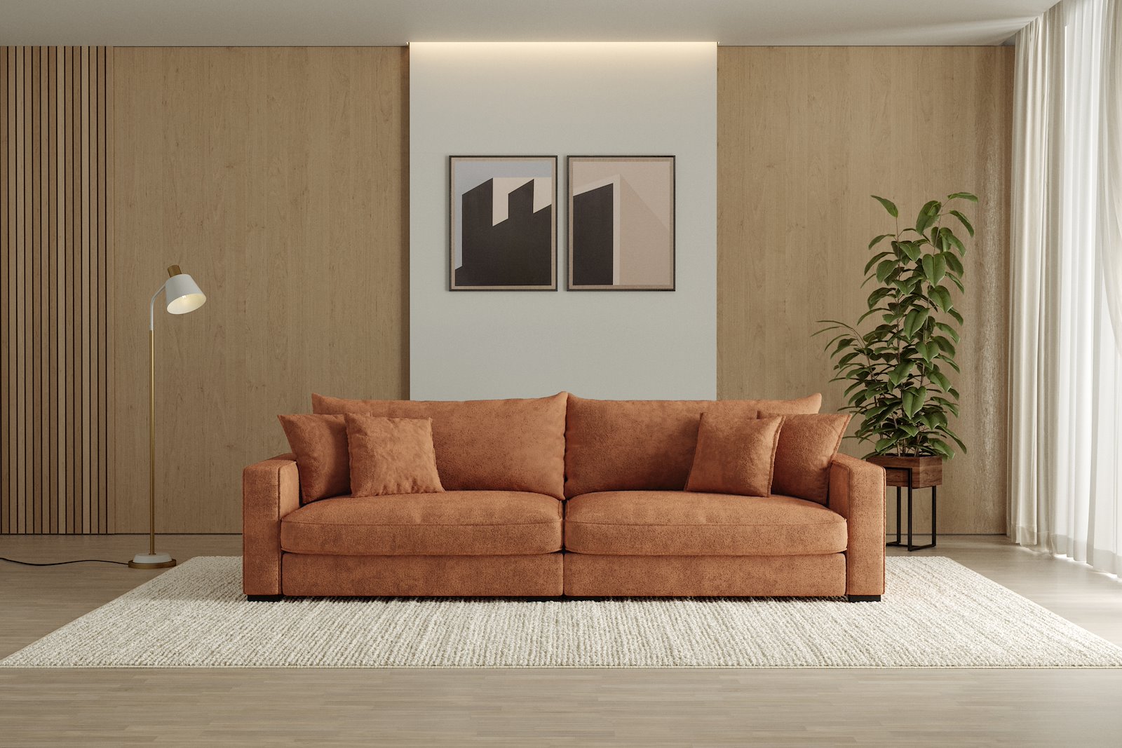 Rossi 4-seter sofa Tekstil Genesis 9 Deep Terra, arm B med sorte ben. Std. Komfort.