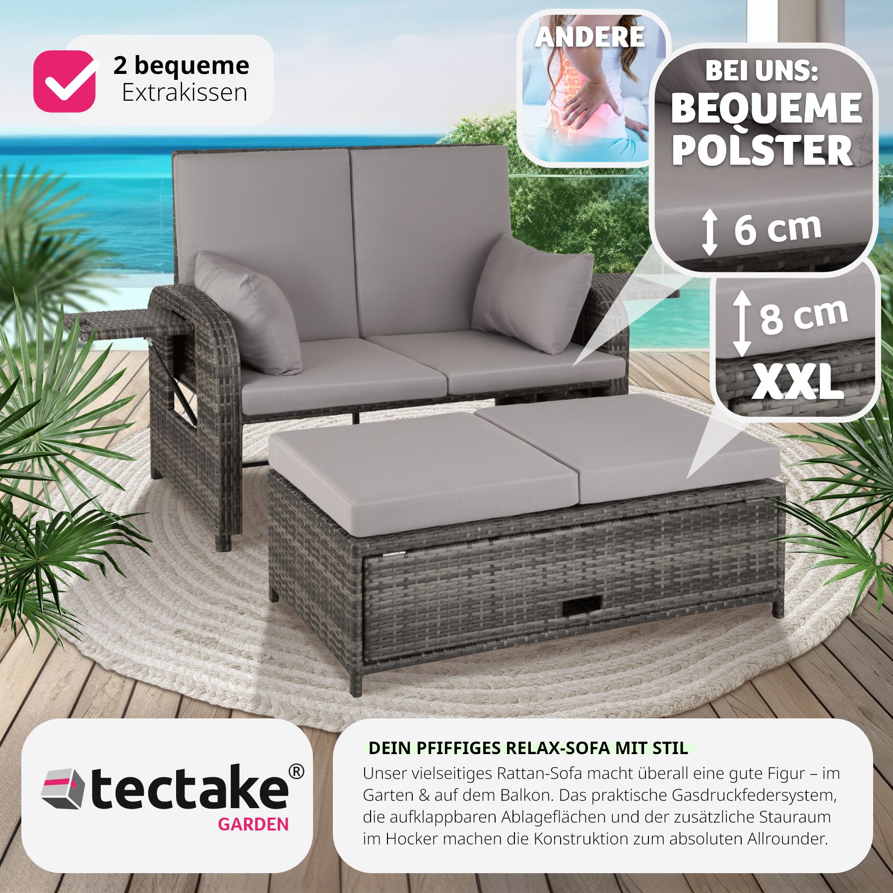 tectake® Rattan Sofa, mit Aluminiumgestell, zur Liege wandelbar, mit Stauraum und Schutzhülle