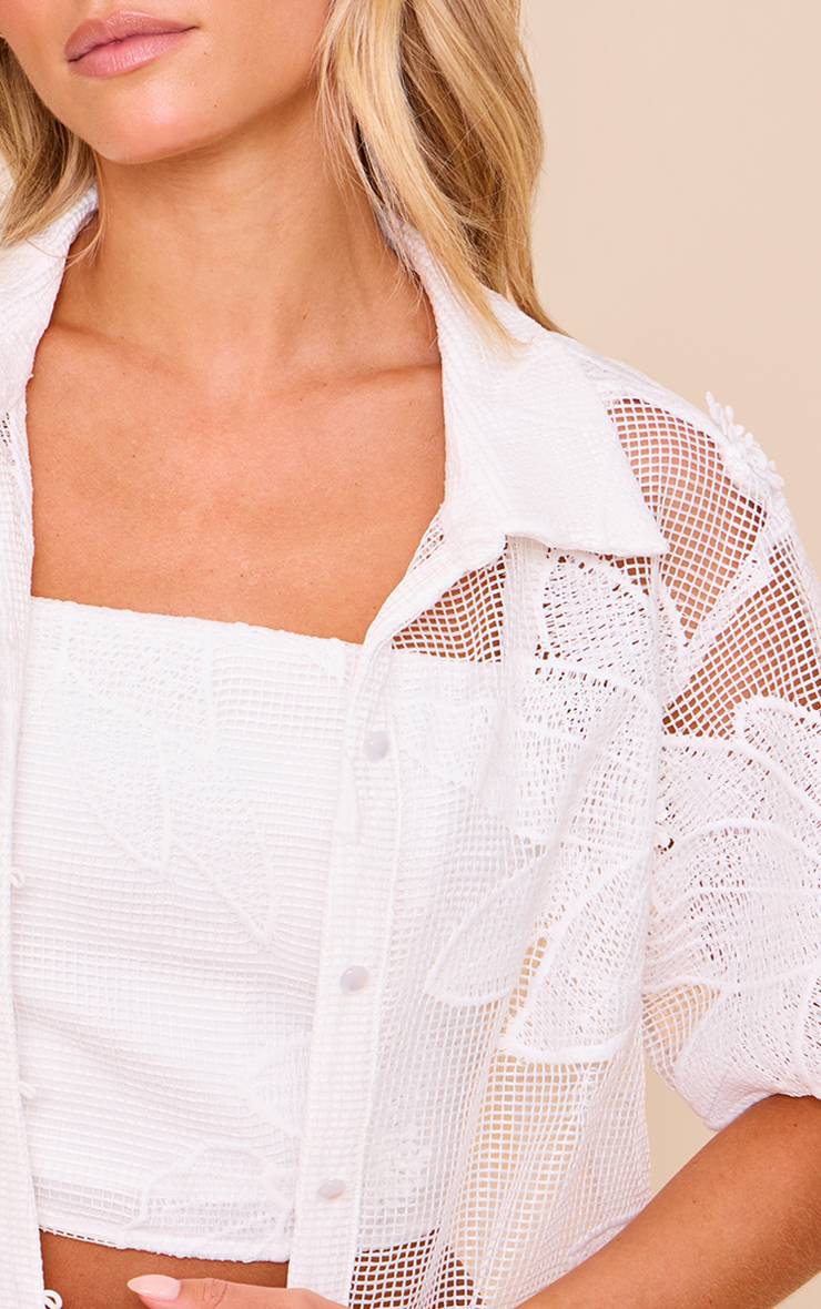 Blanc Ensemble Chemise À Fleurs Appliquées Petite