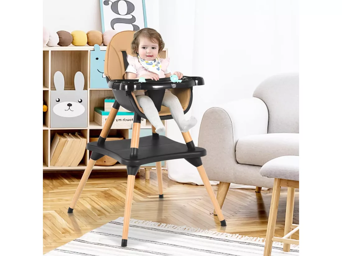 4 en 1 Chaise Haute Bébé Convertible Plateau Réglable en 4 Etapes-Peut être Démonté en une Table et une Chaise avec Coussin Amovible,Repose-Pieds pour Bébé 6 Mois-3Ans Charge 15KG (Café)