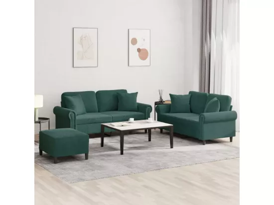Ensemble de canapés 3 pièces avec coussins vert foncé velours