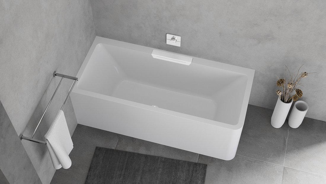 Polysan Monolith Cascata links half vrijstaand bad met witte waterval uitloop 180x80cm