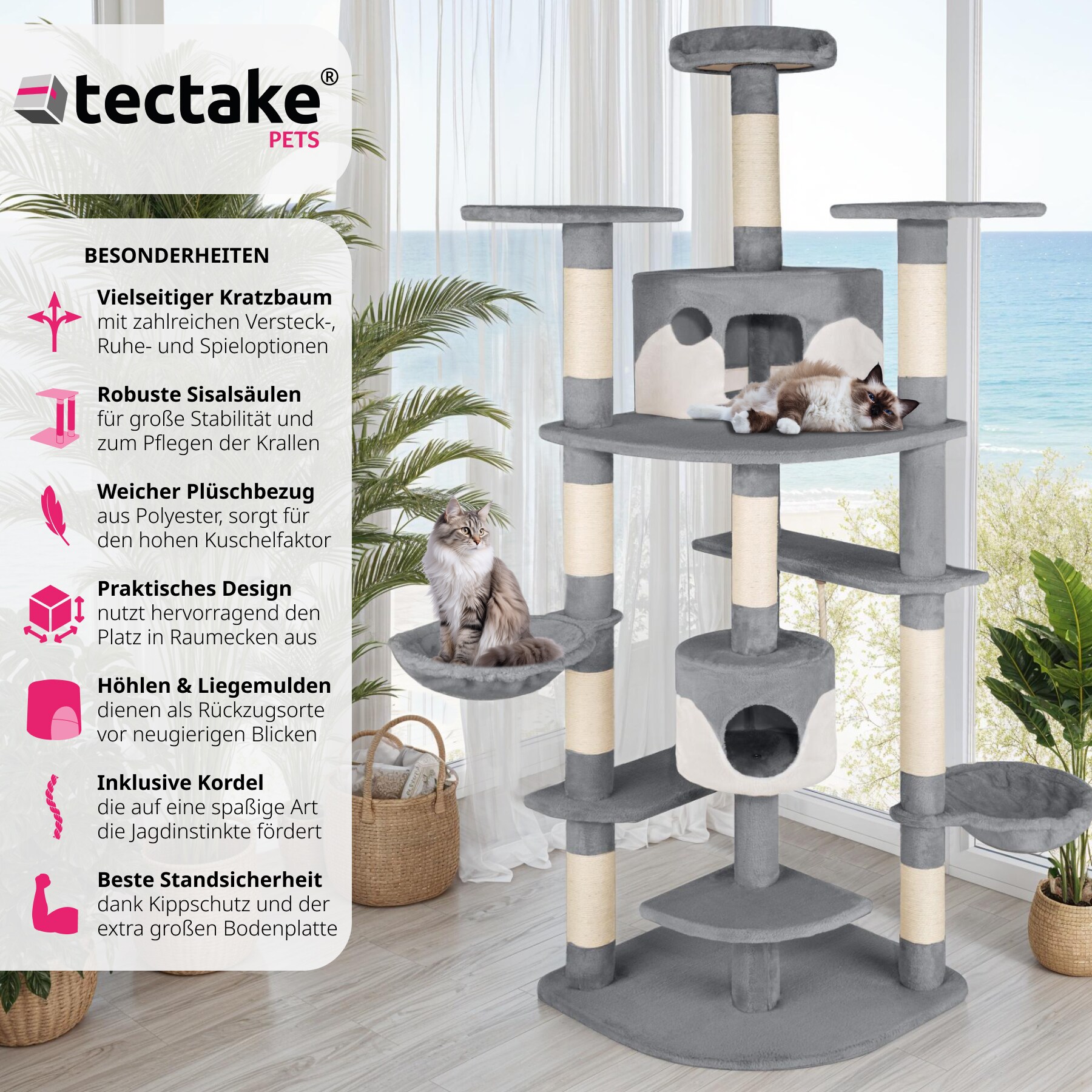 tectake® Kratzbaum, 201 cm, mit 2 Katzenhäusern, inklusive Spielkordel und Kippschutz