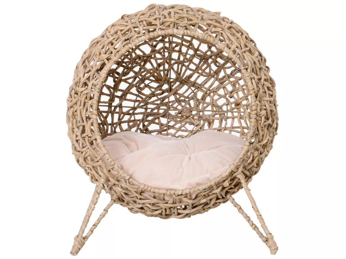 PawHut Panier chat lit chat cosy grand confort dim. Ø 52 x 58H cm coussin moelleux inclus résine tressée imitation rotin beige