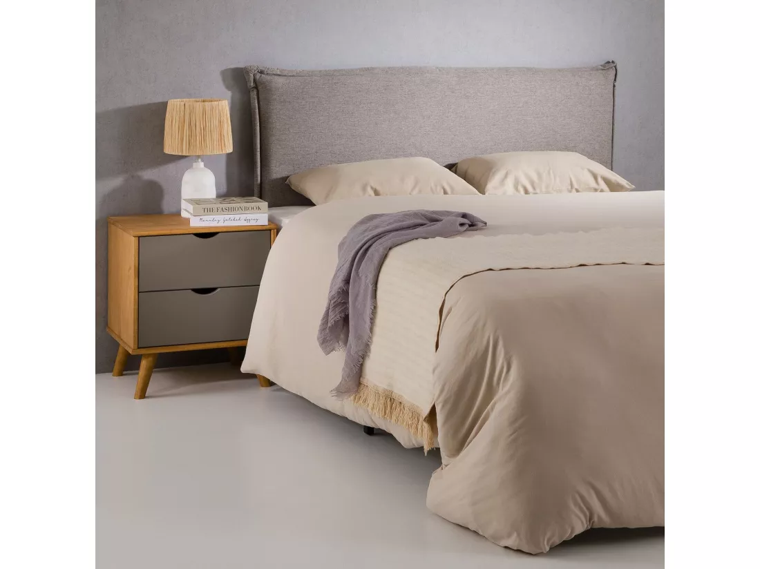 Tête de lit ISANDRE 140 rembourrée, En tissu polyester pour lit 140 cm, Sur pieds en bois, Gris