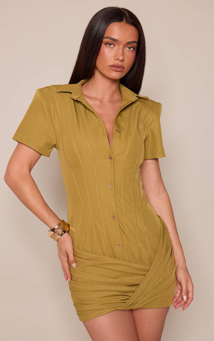 Vert Olive Robe Chemise Portefeuille En Tissu Structuré À Manches Courtes