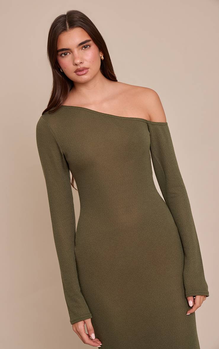 Kaki Robe Longue Asymétrique À Manches Longues En Jersey Texturé