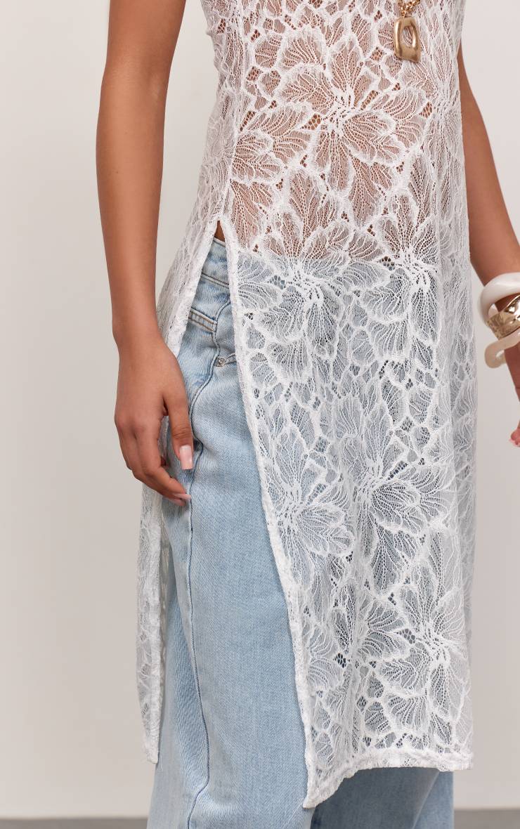 Blanc Haut Long En Dentelle Extrême