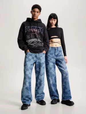 Calça jeans de perna larga com detalhes a laser