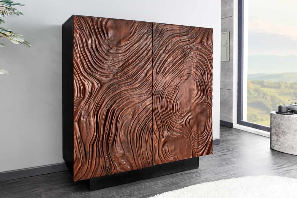 Massives Highboard FLUID 110cm walnuss-braun Akazienholz aufwendiges 3D-Design
