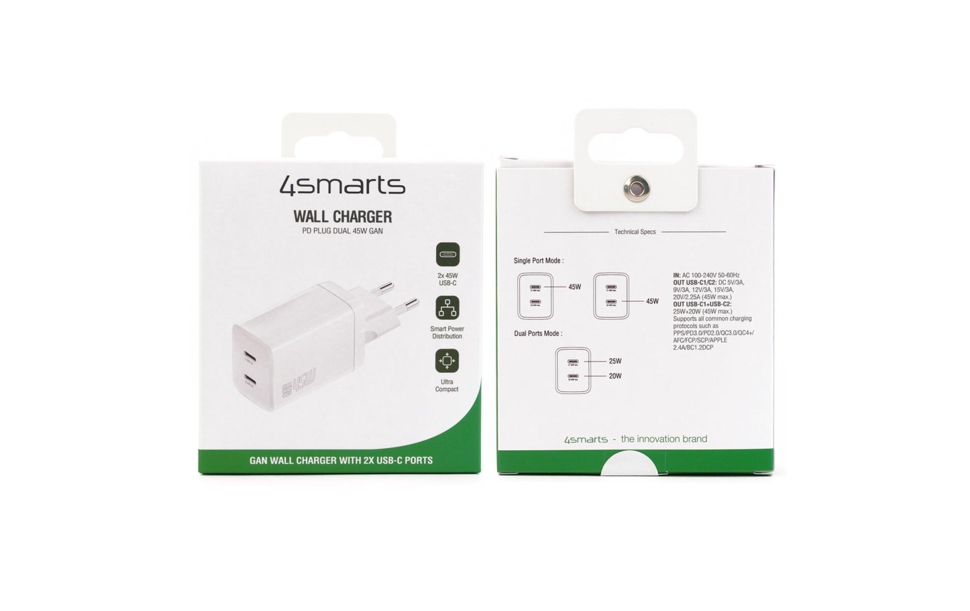 USB-Wandladegerät PDPlug Dual 2x USB-C 45 W GaNSchnelles Ladegerät mit 2x USB-C-Anschlüssen