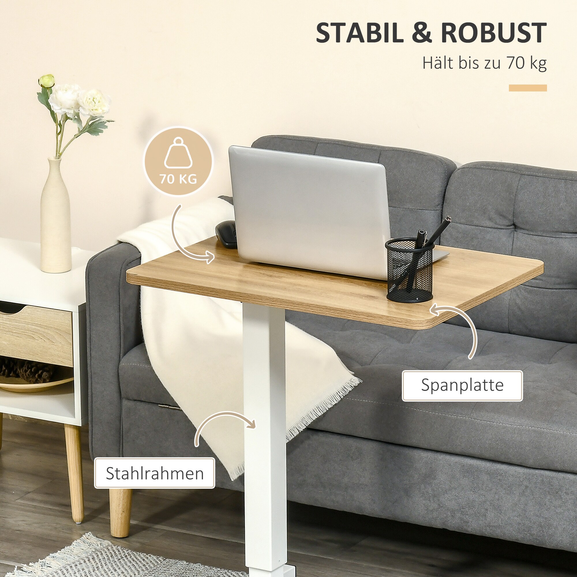 HOMCOM Stehpult mit Rollen weiß, natur 65L x 48B x 110H cm